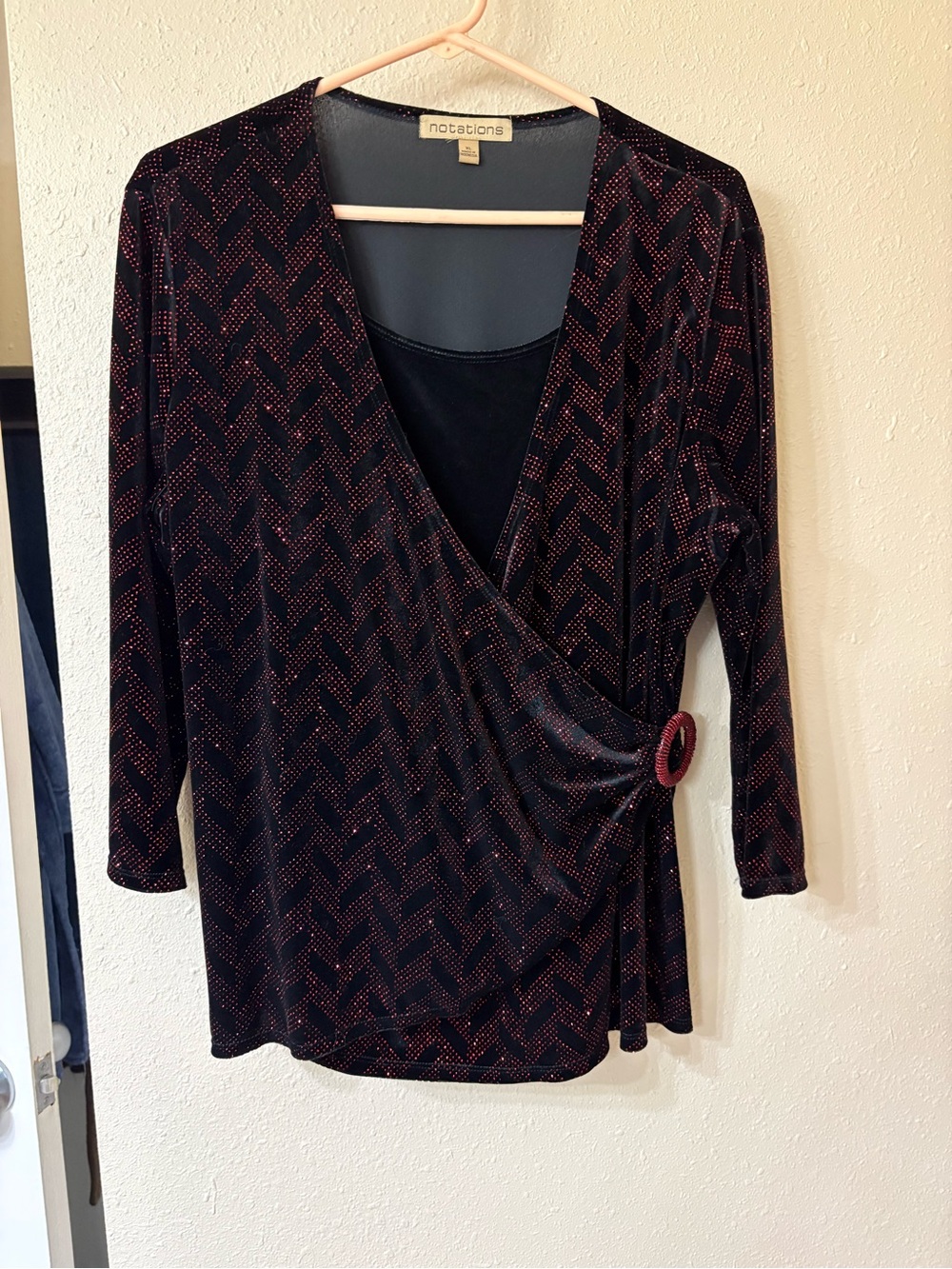 Notations Black Wrap Top with Red Dot Chevron and Buckle